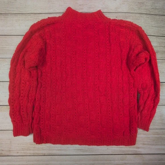 90s Cape Isle Knitters Red Cable Knit Sweater Womens Medium Hand Knit Mock Neck - Picture 6 of 7
